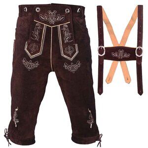 Men Lederhosen Knee-length Brown Bundhose Helmut With Suspender Bavarian Costume